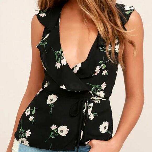 Lulus Build Me Up Buttercup Black Floral Print Wrap Top Sm sheer ruffled collar - Picture 14 of 14